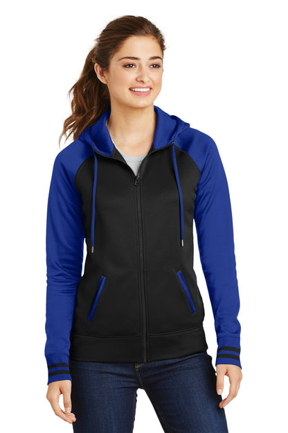Front View of Blk/True Royal Sport-Tek Women's Sport-Wick Varsity Fleece Full-Zip Hooded Jacket. LST236