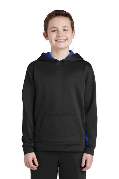 Front View of Blk/True Royal Sport-Tek Youth Sport-Wick Fleece Colorblock Hooded Pullover. YST235