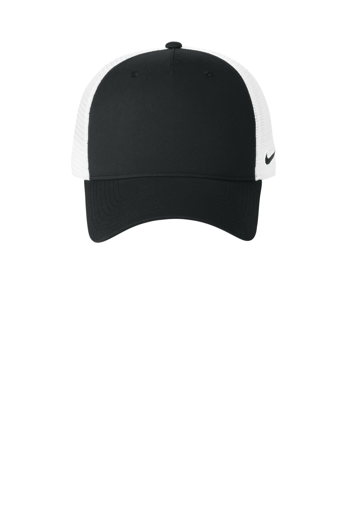 Front View of Blk/White Nike Snapback Mesh Trucker Cap NKFN9893