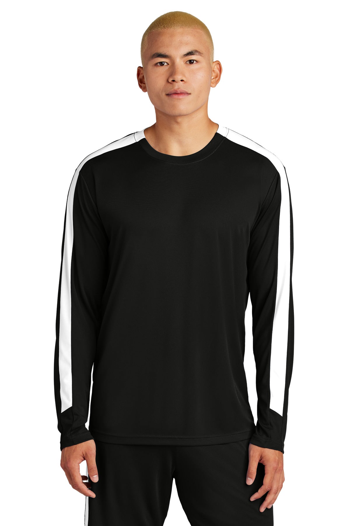 Front View of Blk/White Sport-Tek Competitor United Long Sleeve Crew ST100LS