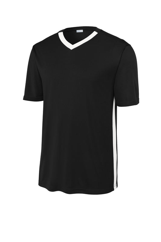 Front View of Blk/White Sport-Tek Competitor United V-Neck ST101