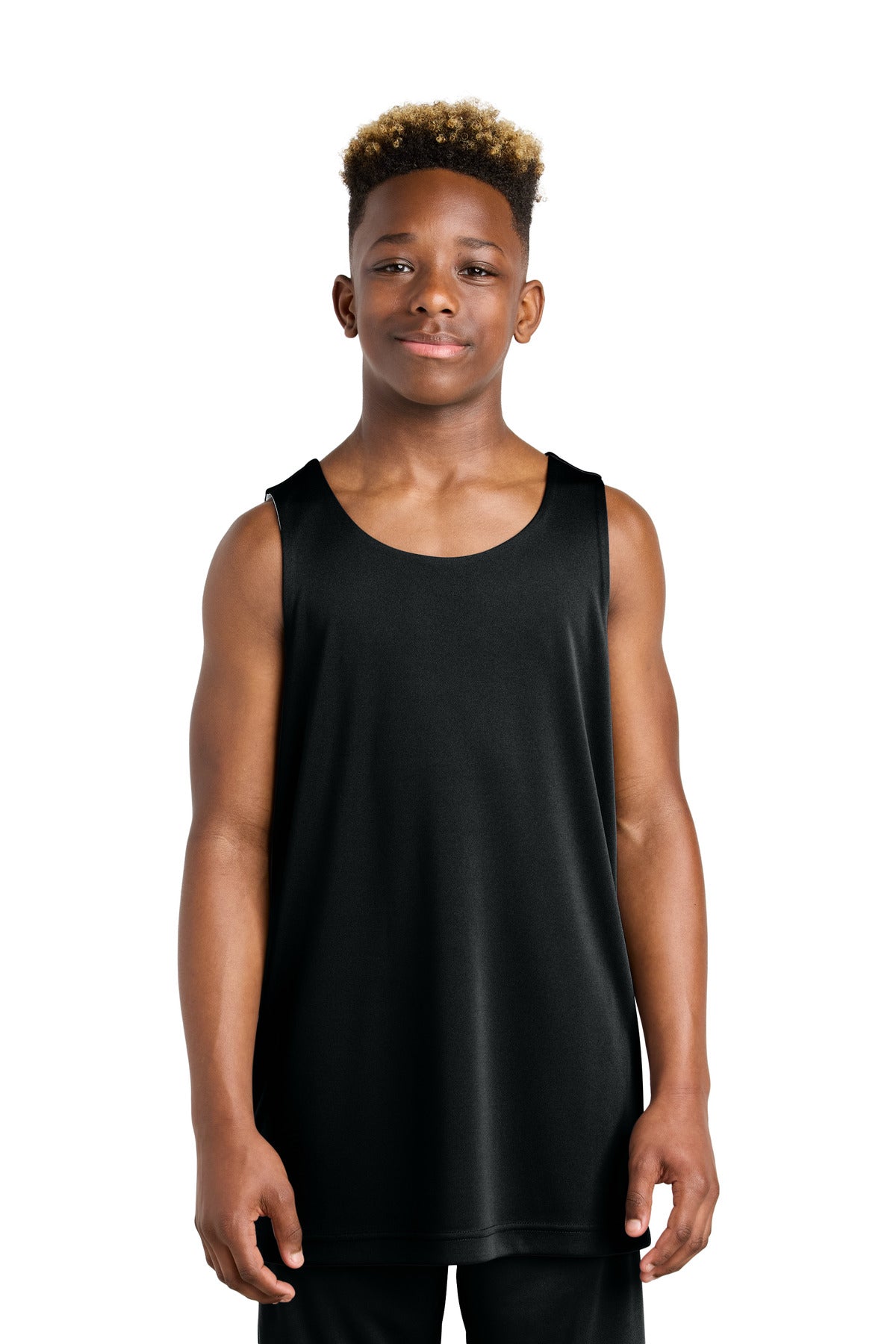 Front View of Blk/White Sport-Tek Youth PosiCharge Competitor Rev Tank YST551