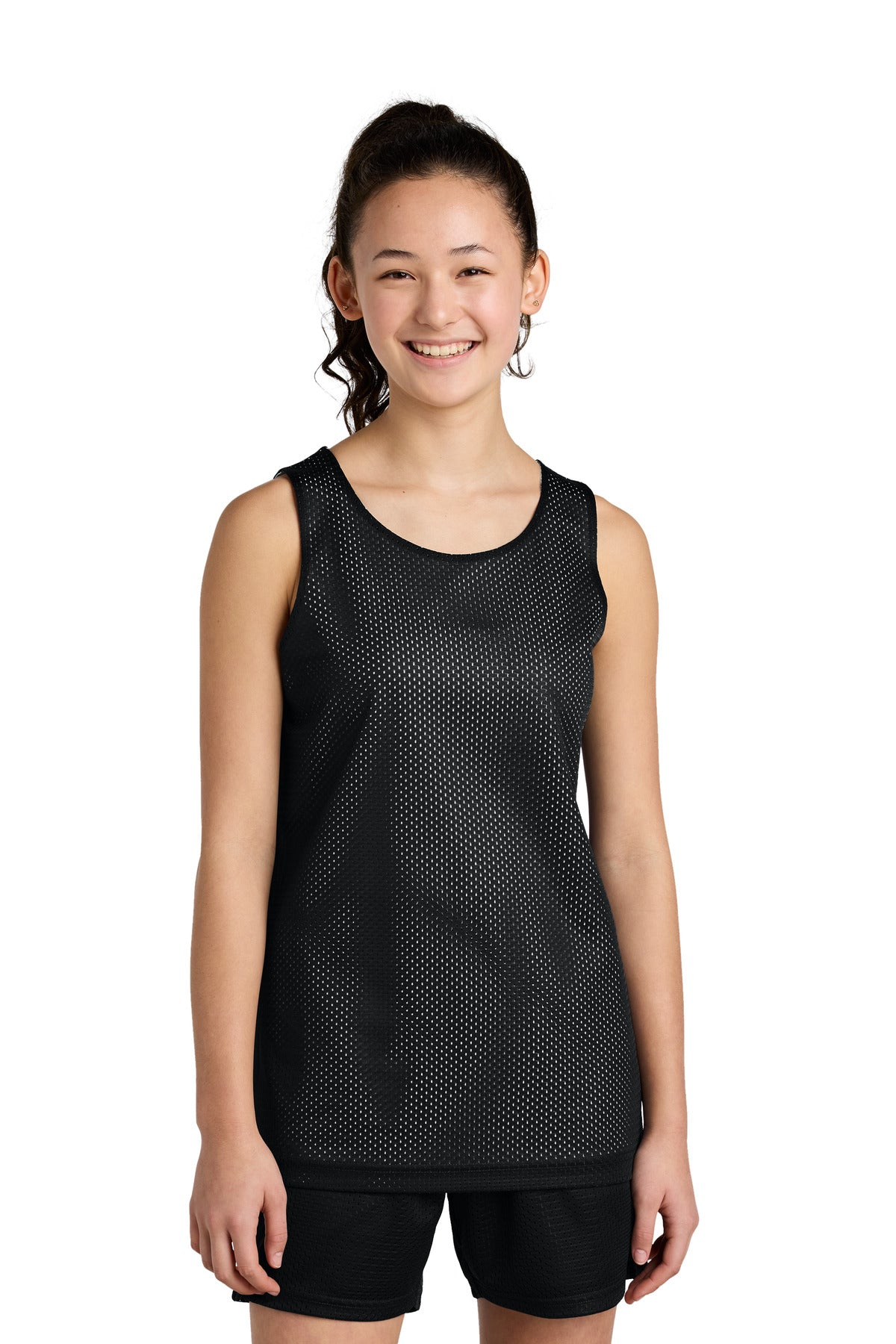 Front View of Blk/White Sport-Tek Youth PosiCharge Reversible Mesh Tank YST5000