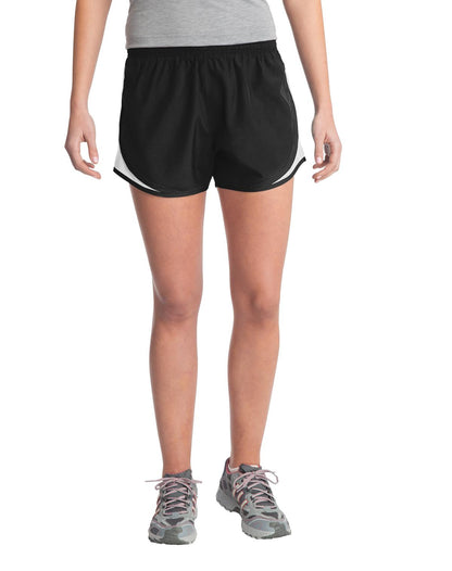 Front View of Blk/Wht/Blk Sport-Tek Women's Cadence Short. LST304
