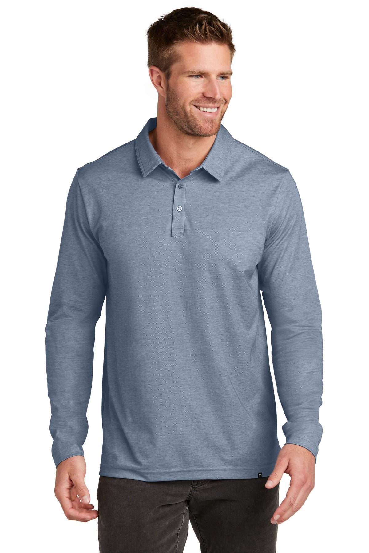 Front View of BlNightsHt TravisMathew Oceanside Heather Long Sleeve Polo TM1MZ343