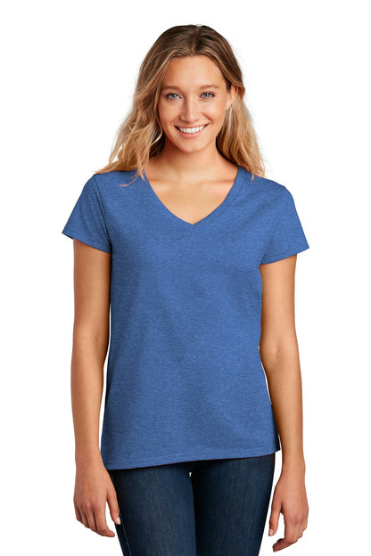 Front View of Blue Heather District Women's Re-Tee V-Neck DT8001