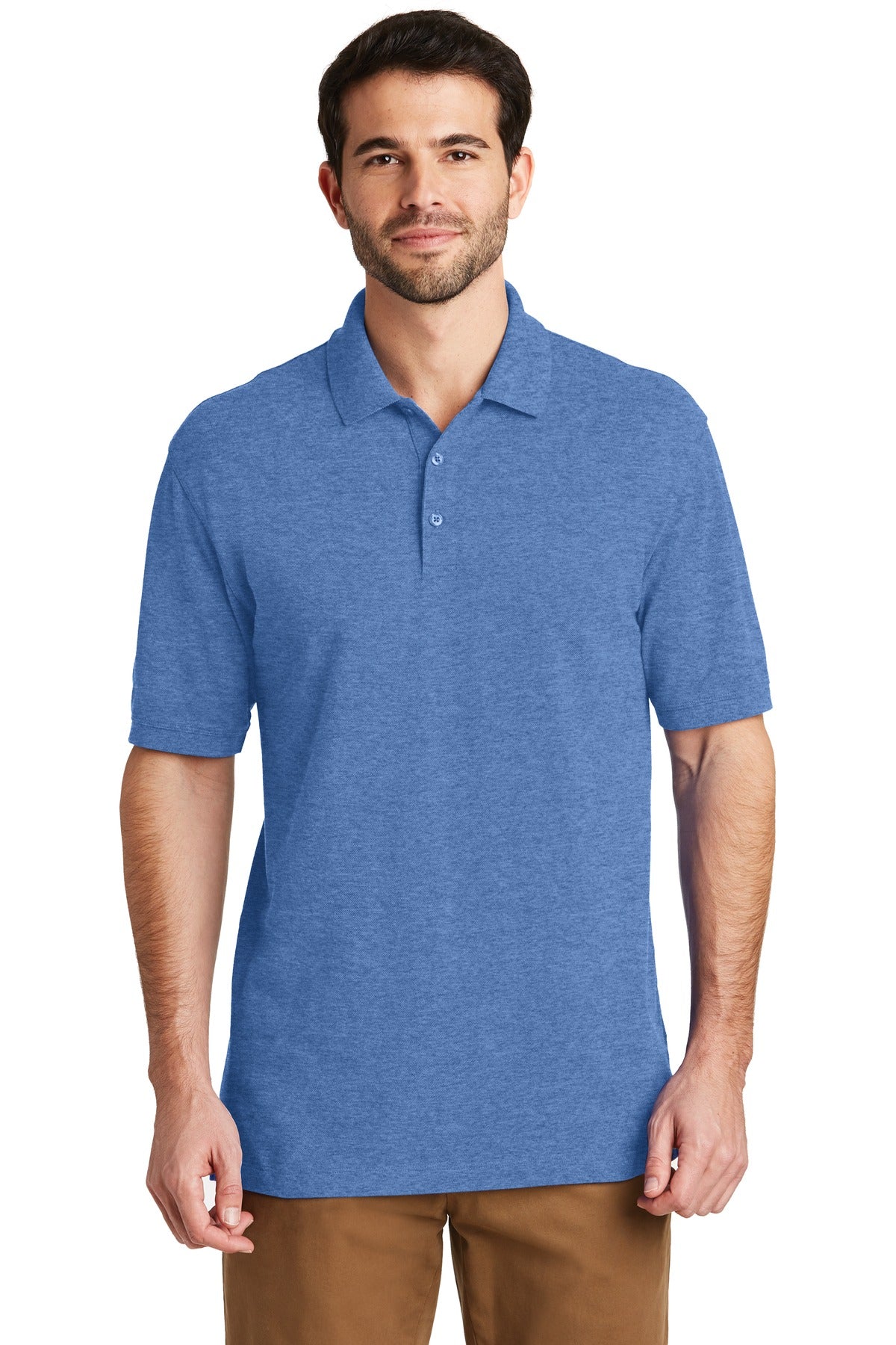 Front View of Blue Heather Port Authority EZCotton Polo. K8000