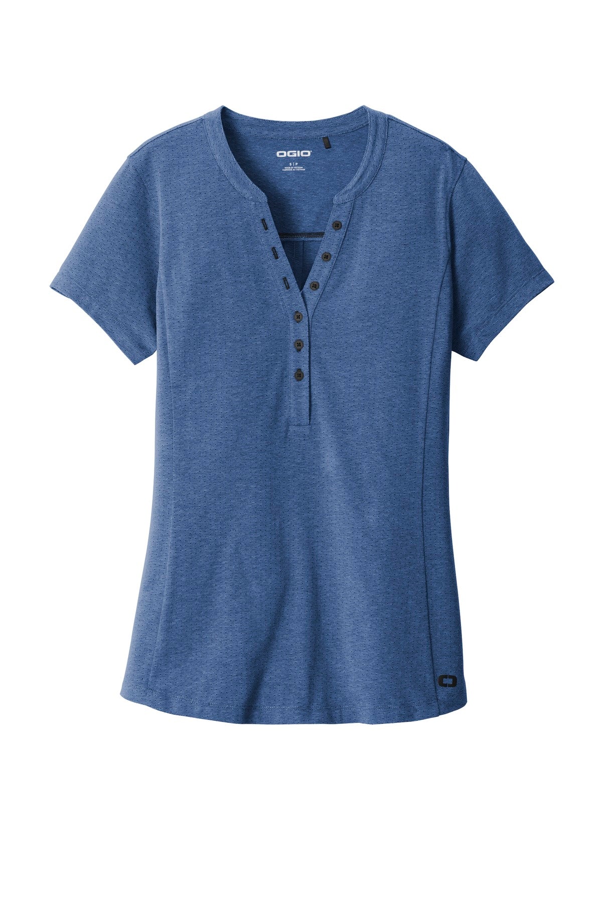 Front View of Blue Hthr OGIO Women's Tread Henley. LOG136