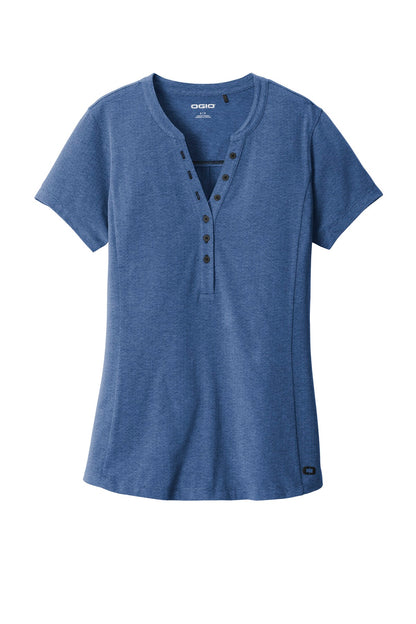 Front View of Blue Hthr OGIO Women's Tread Henley. LOG136