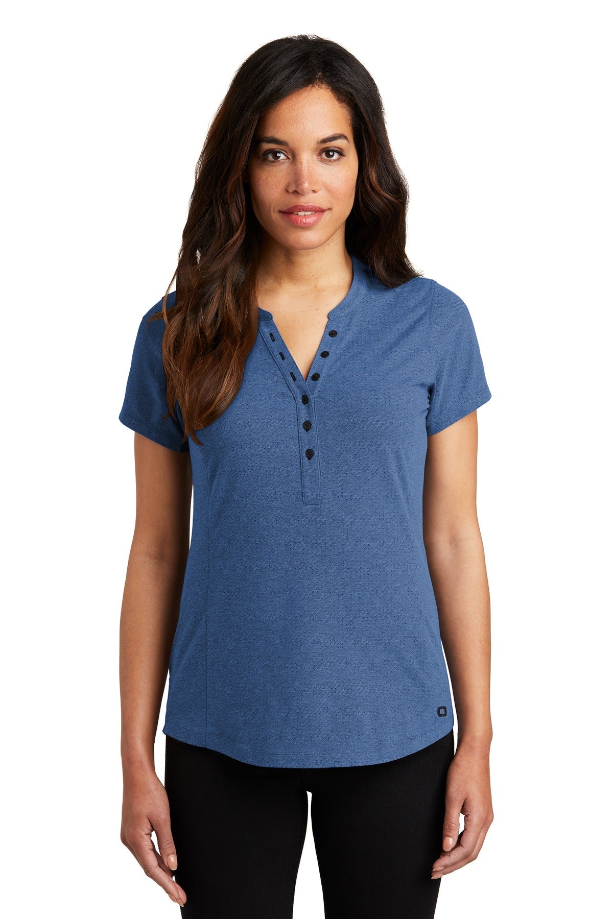 Front View of Blue Hthr OGIO Women's Tread Henley. LOG136
