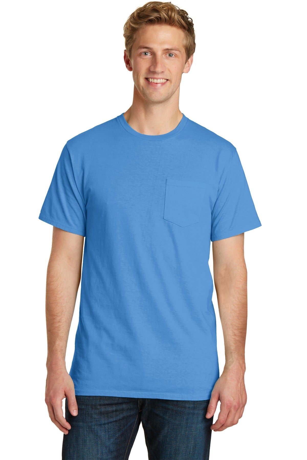 Front View of Blue Moon Port & Company Beach Wash Garment-Dyed Pocket Tee. PC099P