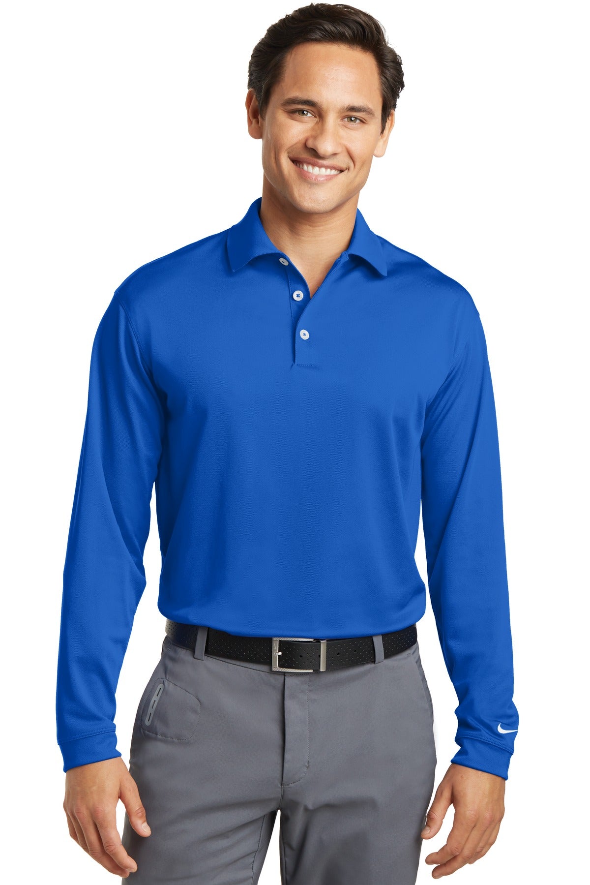 Front View of Blue Sapphire Nike Tall Long Sleeve Dri-FIT Stretch Tech Polo. 604940