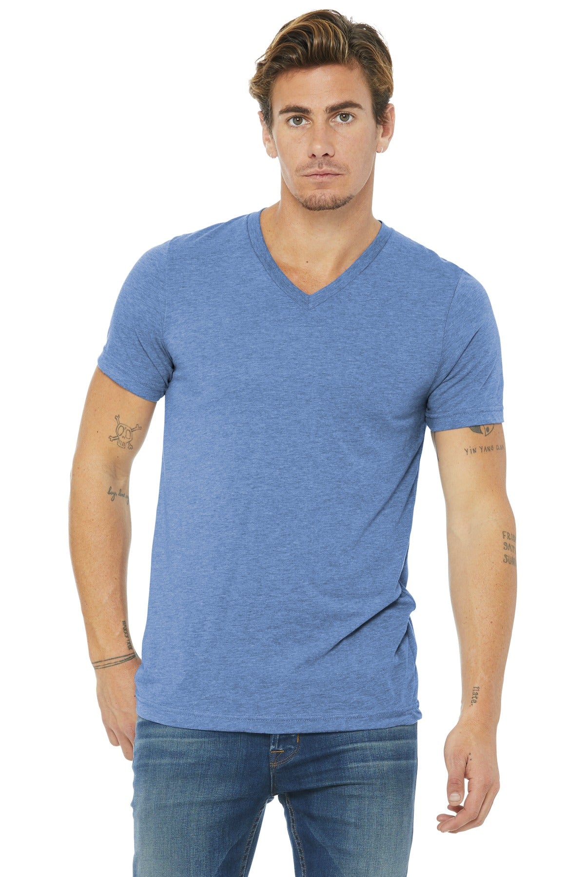 Front View of Blue TB BELLA+CANVAS Unisex Triblend Short Sleeve V-Neck Te. BC3415