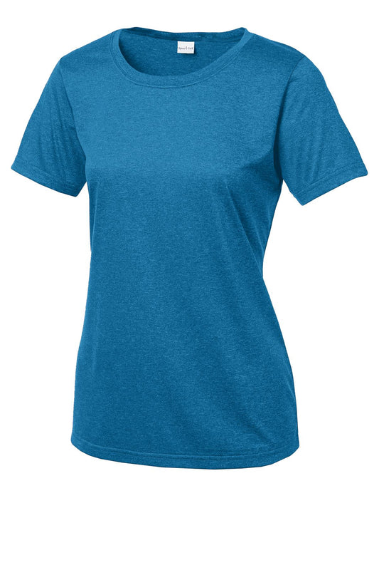 Front View of Blue Wake Hthr Sport-Tek Women's Heather Contender Scoop Neck Tee. LST360