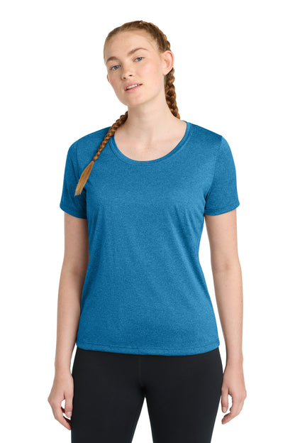 Front View of Blue Wake Hthr Sport-Tek Women's Heather Contender Scoop Neck Tee. LST360