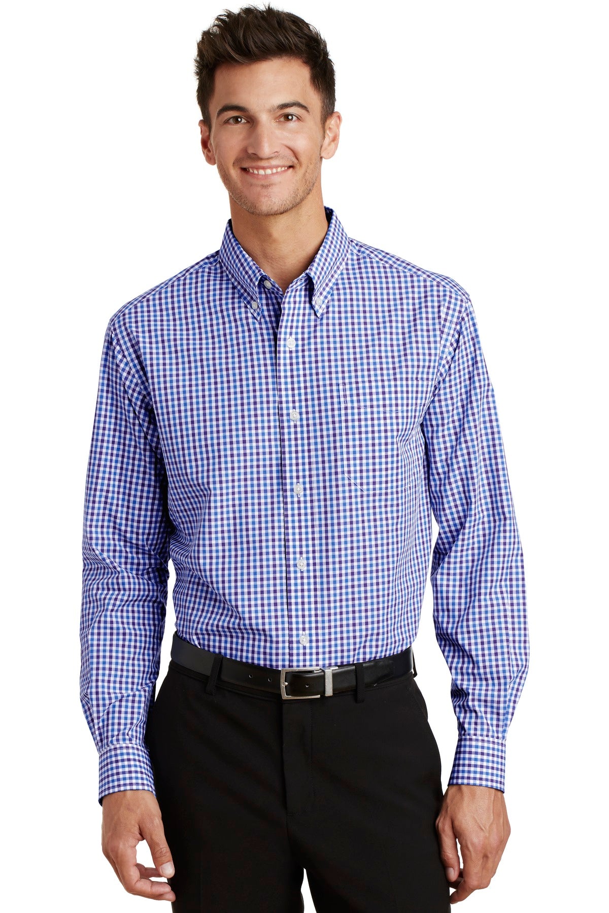 Front View of Blue/Purple Port Authority Long Sleeve Gingham Easy Care Shirt. S654