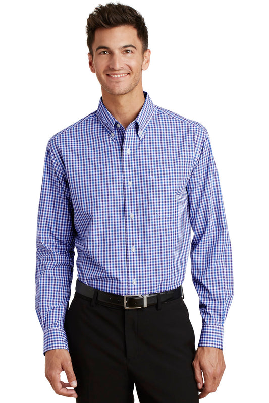 Front View of Blue/Purple Port Authority Long Sleeve Gingham Easy Care Shirt. S654