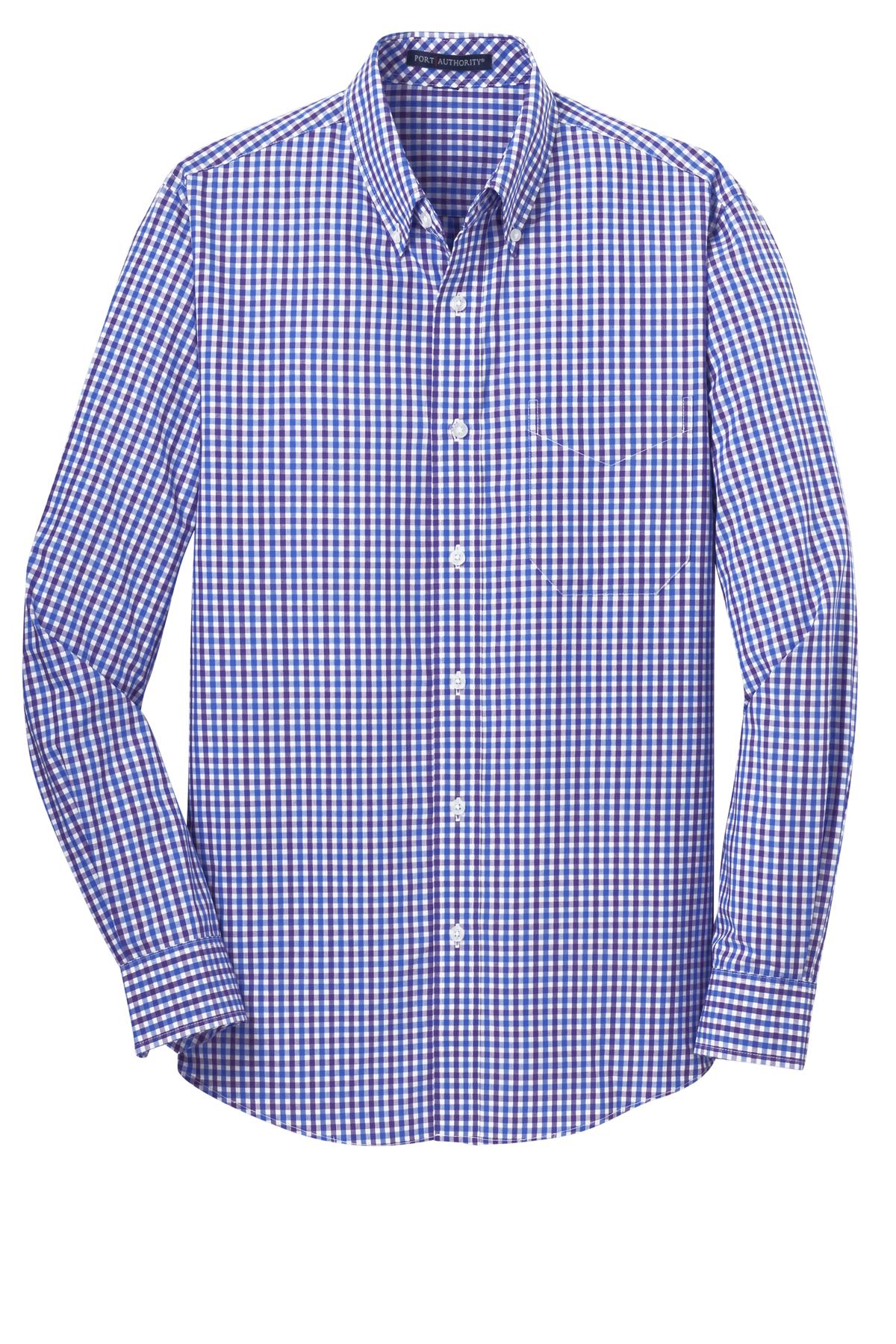 Front View of Blue/Purple Port Authority Long Sleeve Gingham Easy Care Shirt. S654