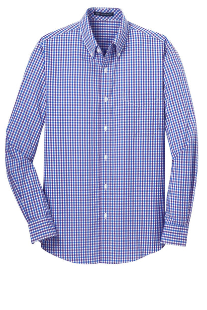 Front View of Blue/Purple Port Authority Long Sleeve Gingham Easy Care Shirt. S654
