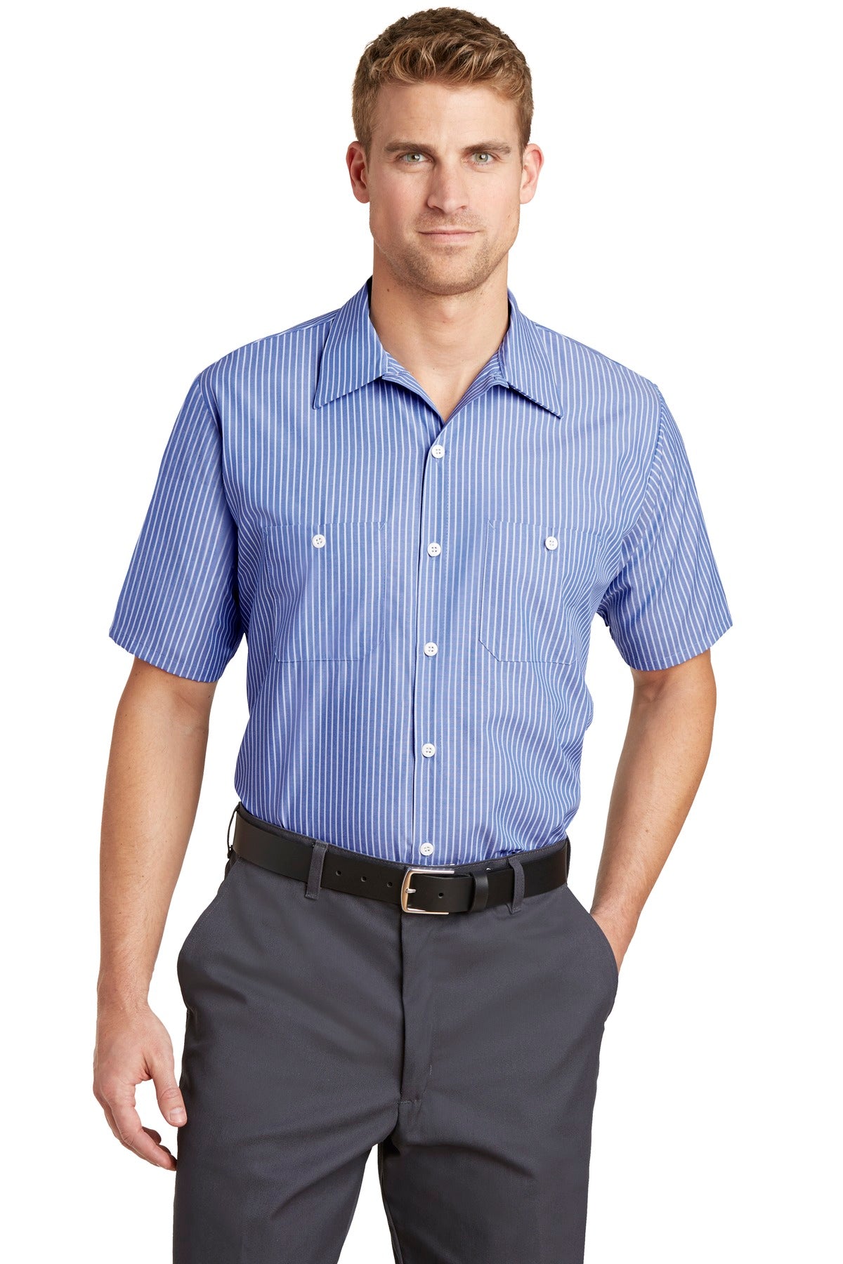 Front View of Blue/White Red Kap Short Sleeve Striped Industrial Work Shirt. CS20