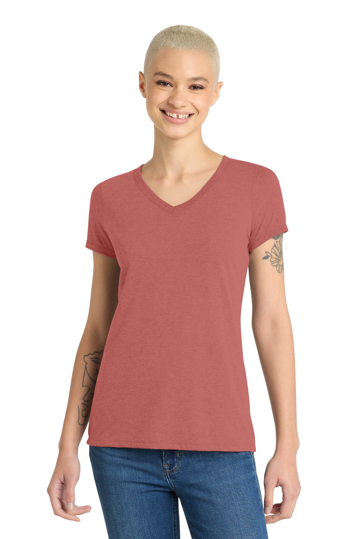 Front View of Blush Frost District Women's Perfect Tri V-Neck Tee. DM1350L