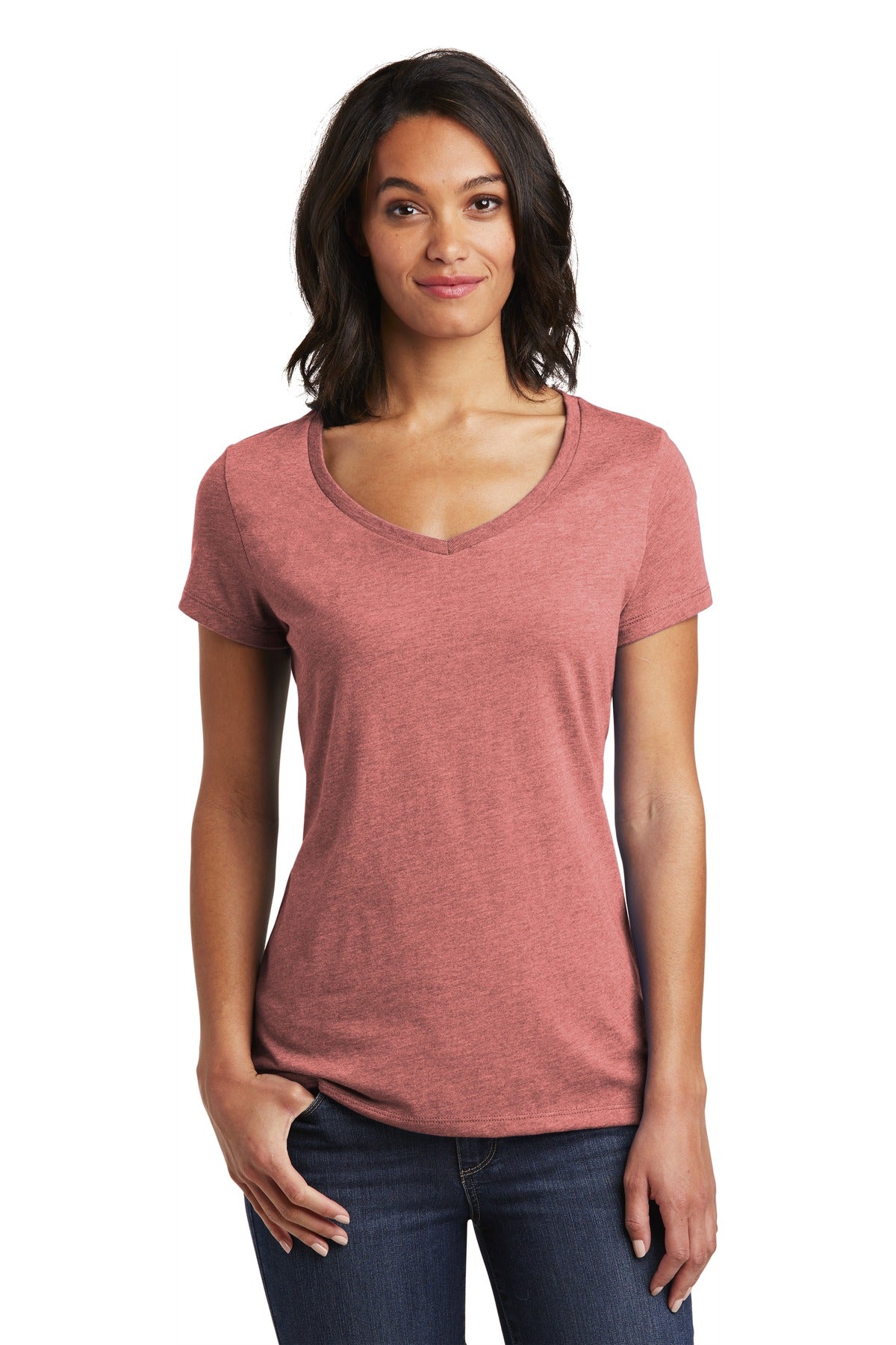 Front View of Blush Frost District Women's Very Important Tee V-Neck. DT6503