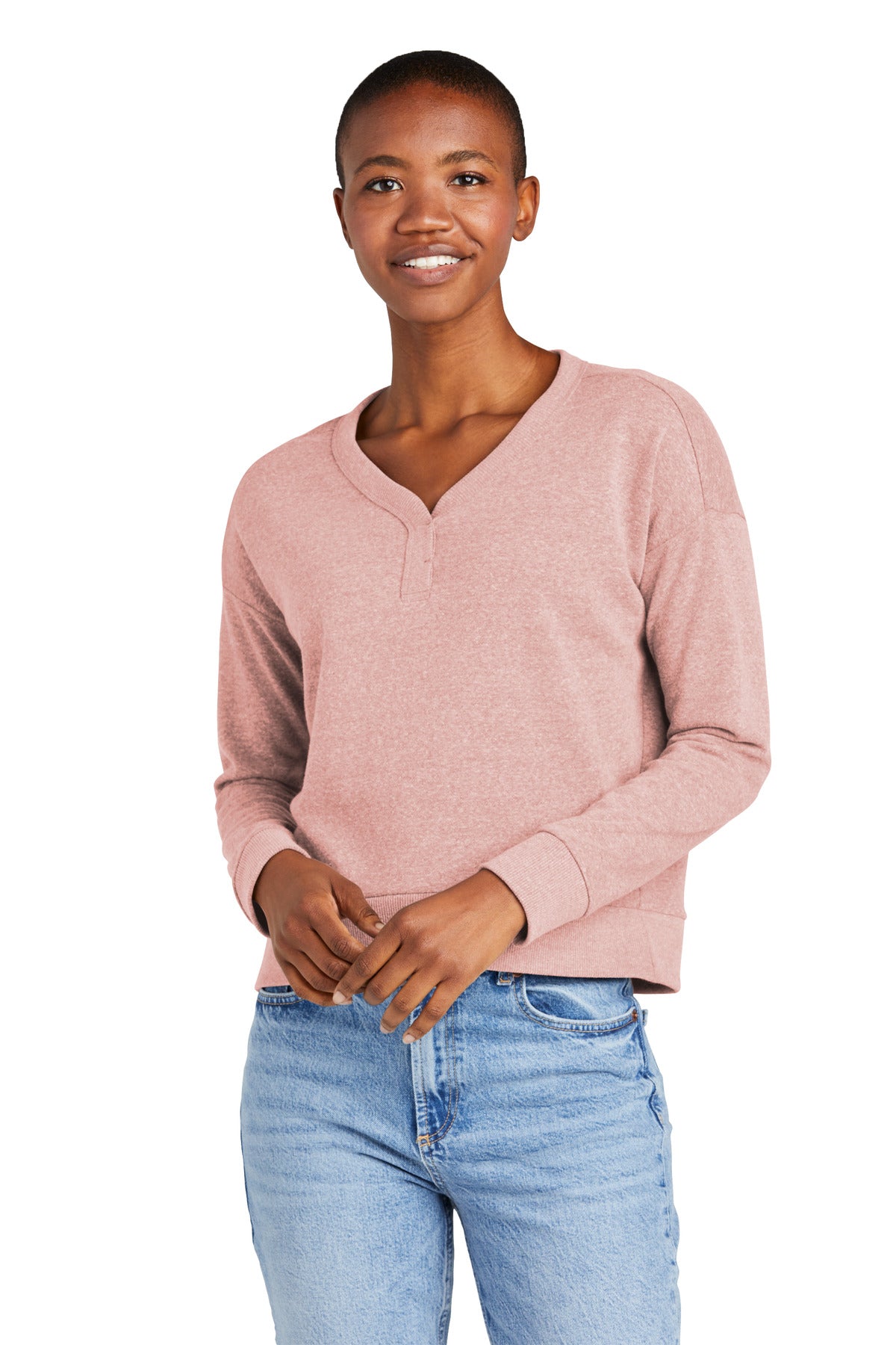 Front View of BlustFrost District Women's Perfect Tri Fleece V-Neck Sweatshirt DT1312