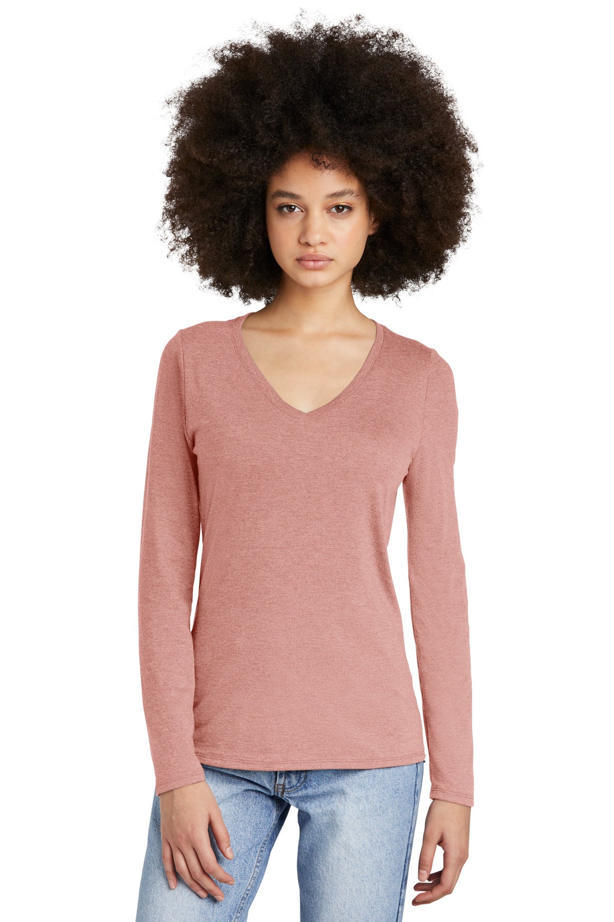 Front View of BlustFrost District Women's Perfect Tri Long Sleeve V-Neck Tee DT135