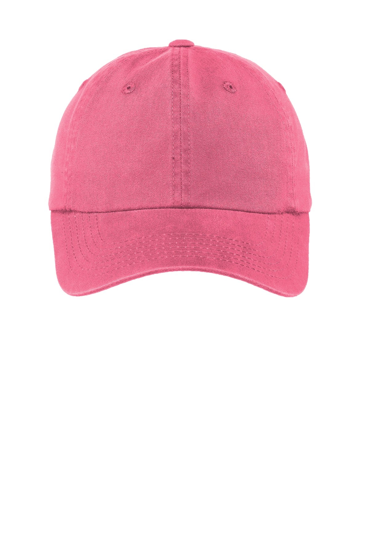 Front View of Bright Pink Port Authority Women's Garment-Washed Cap. LPWU