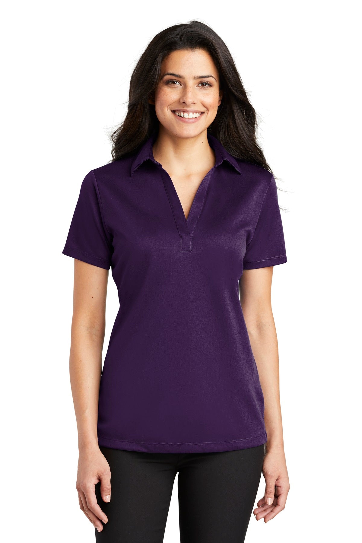 Front View of Bright Purple Port Authority Women's Silk Touch Performance Polo. L540