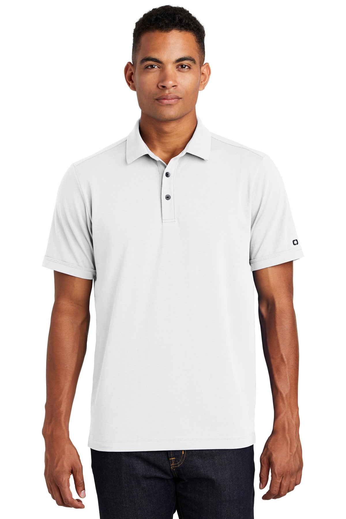 Front View of Bright White OGIO Limit Polo. OG138