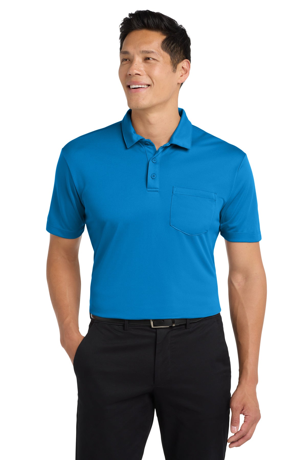 Front View of Brilliant Blue Port Authority Silk Touch Performance Pocket Polo. K540P
