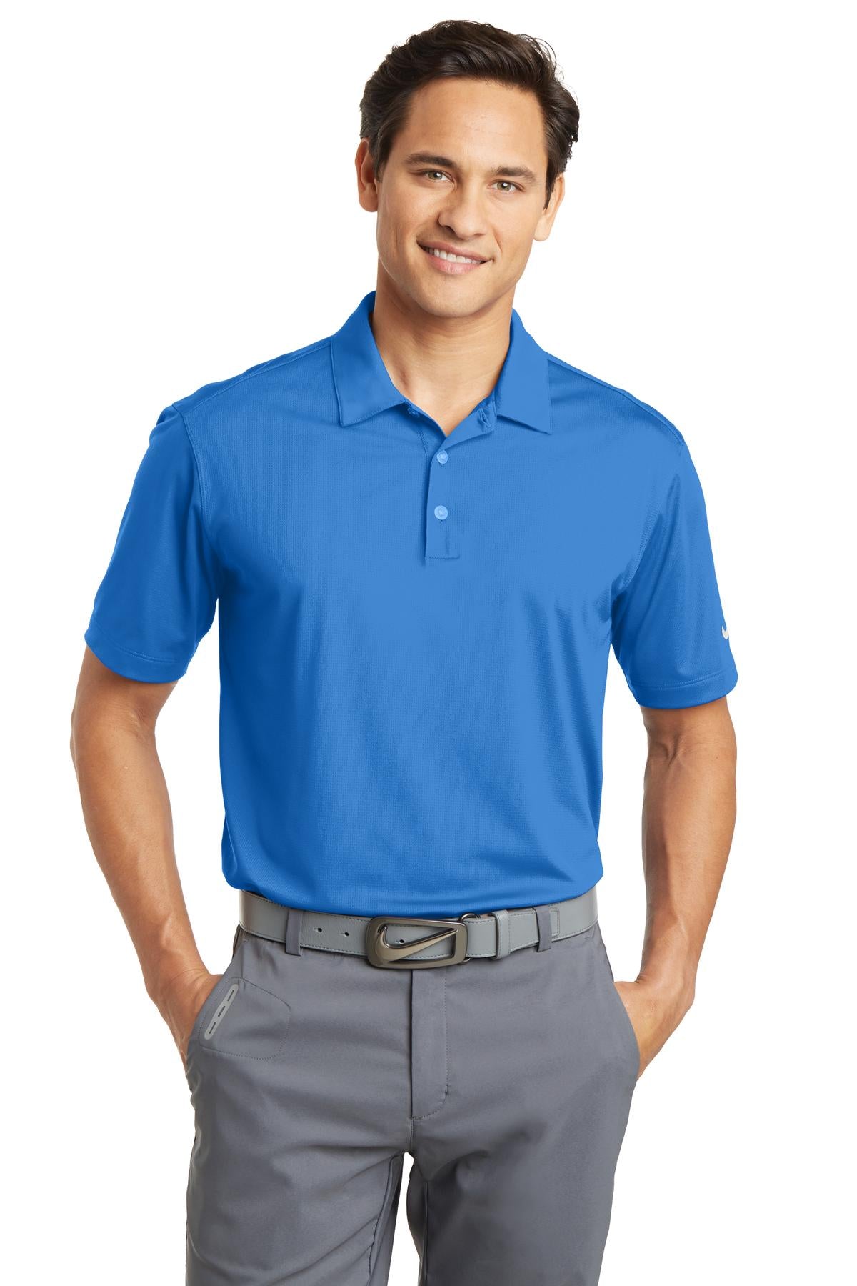 Front View of Brisk Blue Nike Dri-FIT Vertical Mesh Polo. 637167