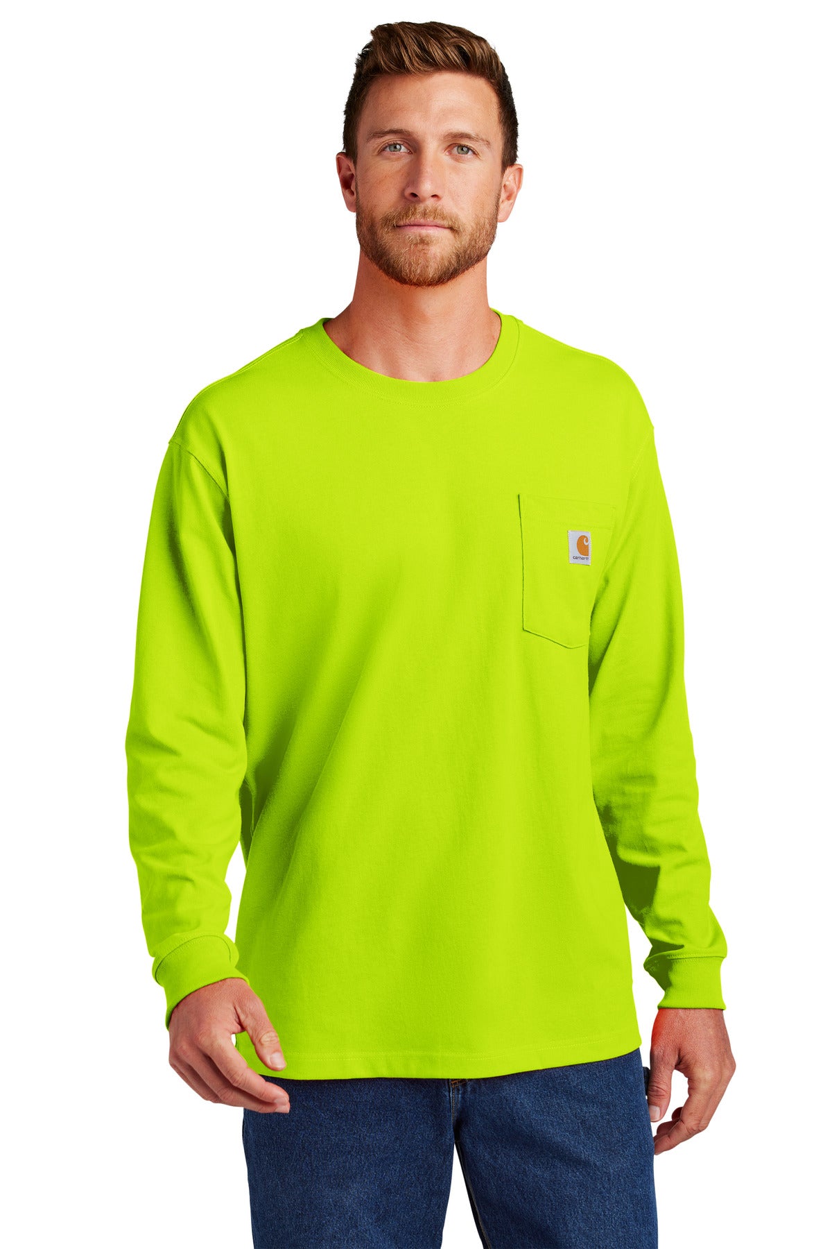 Front View of BriteLime Carhartt Workwear Pocket Long Sleeve T-Shirt. CTK126