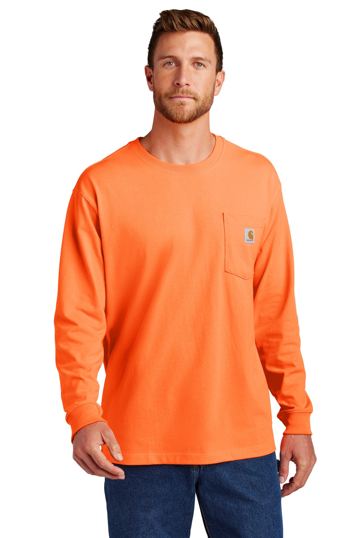 Front View of BriteOrng Carhartt Workwear Pocket Long Sleeve T-Shirt. CTK126