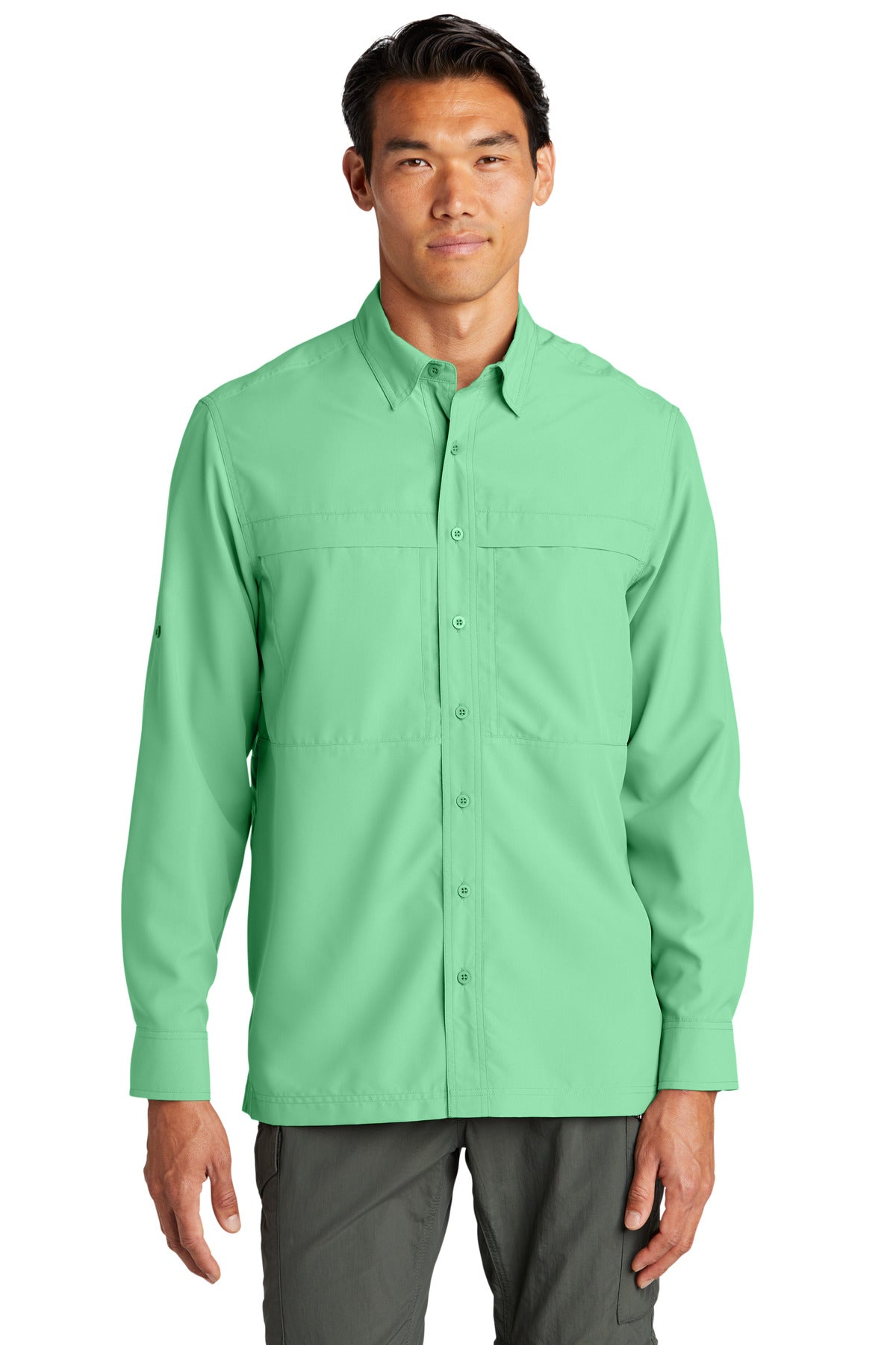 Front View of BrtSeafoam Port Authority Long Sleeve UV Daybreak Shirt W960