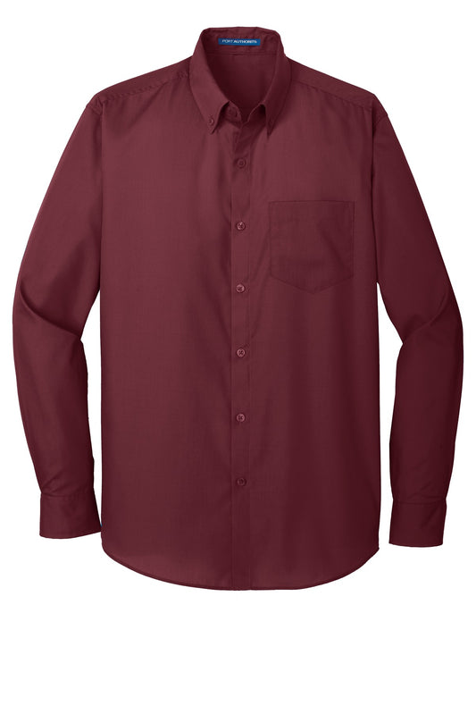Front View of Burgundy Port Authority Long Sleeve Carefree Poplin Shirt. W100