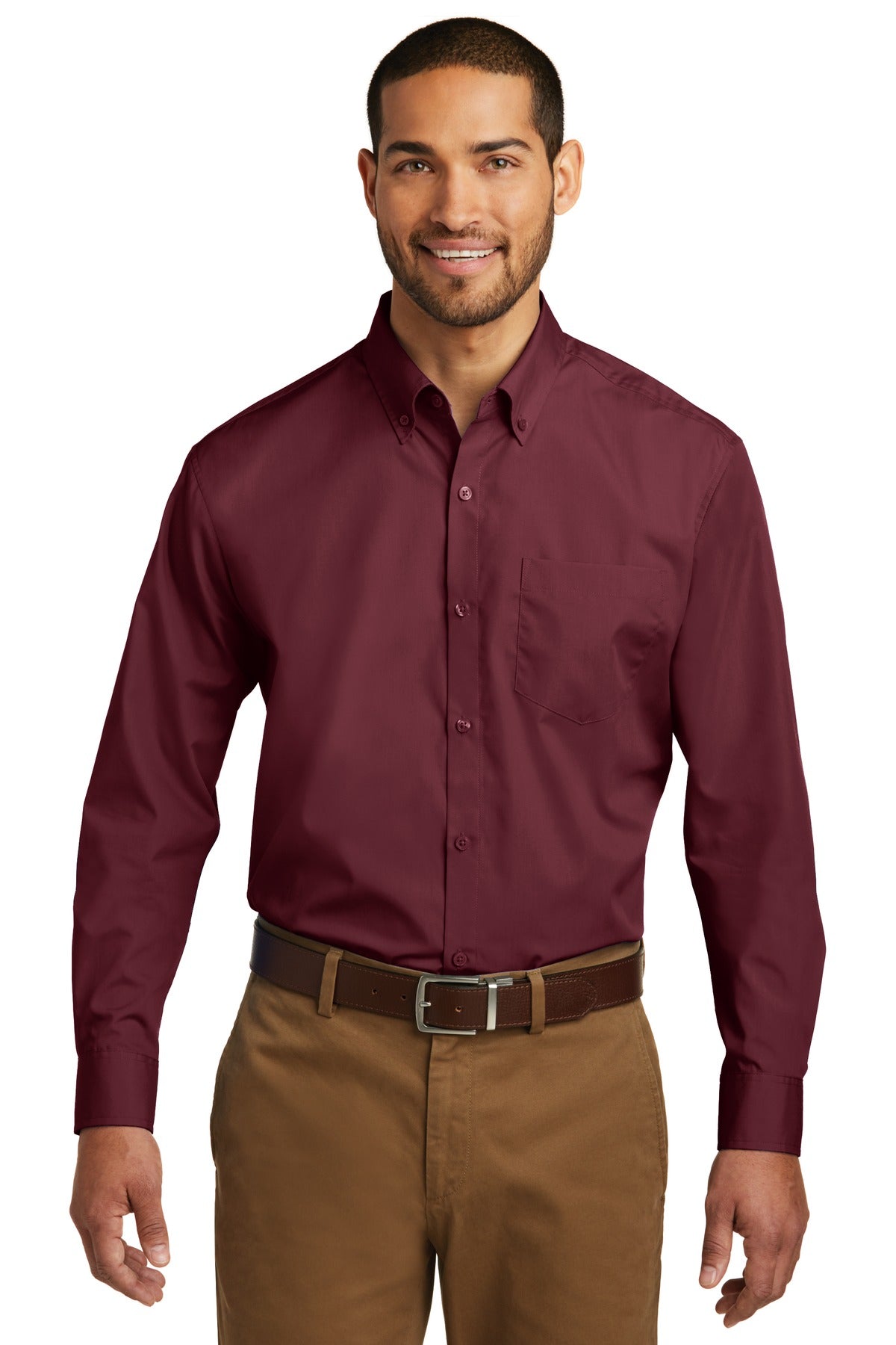 Front View of Burgundy Port Authority Long Sleeve Carefree Poplin Shirt. W100