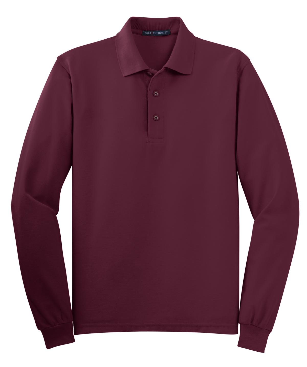 Front View of Burgundy Port Authority Silk Touch Long Sleeve Polo. K500LS
