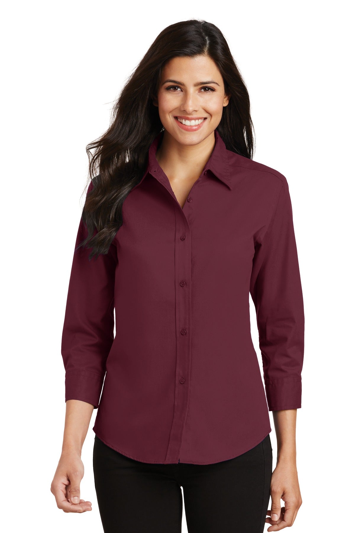 Front View of Burgundy Port Authority Women's 3/4-Sleeve Easy Care Shirt. L612