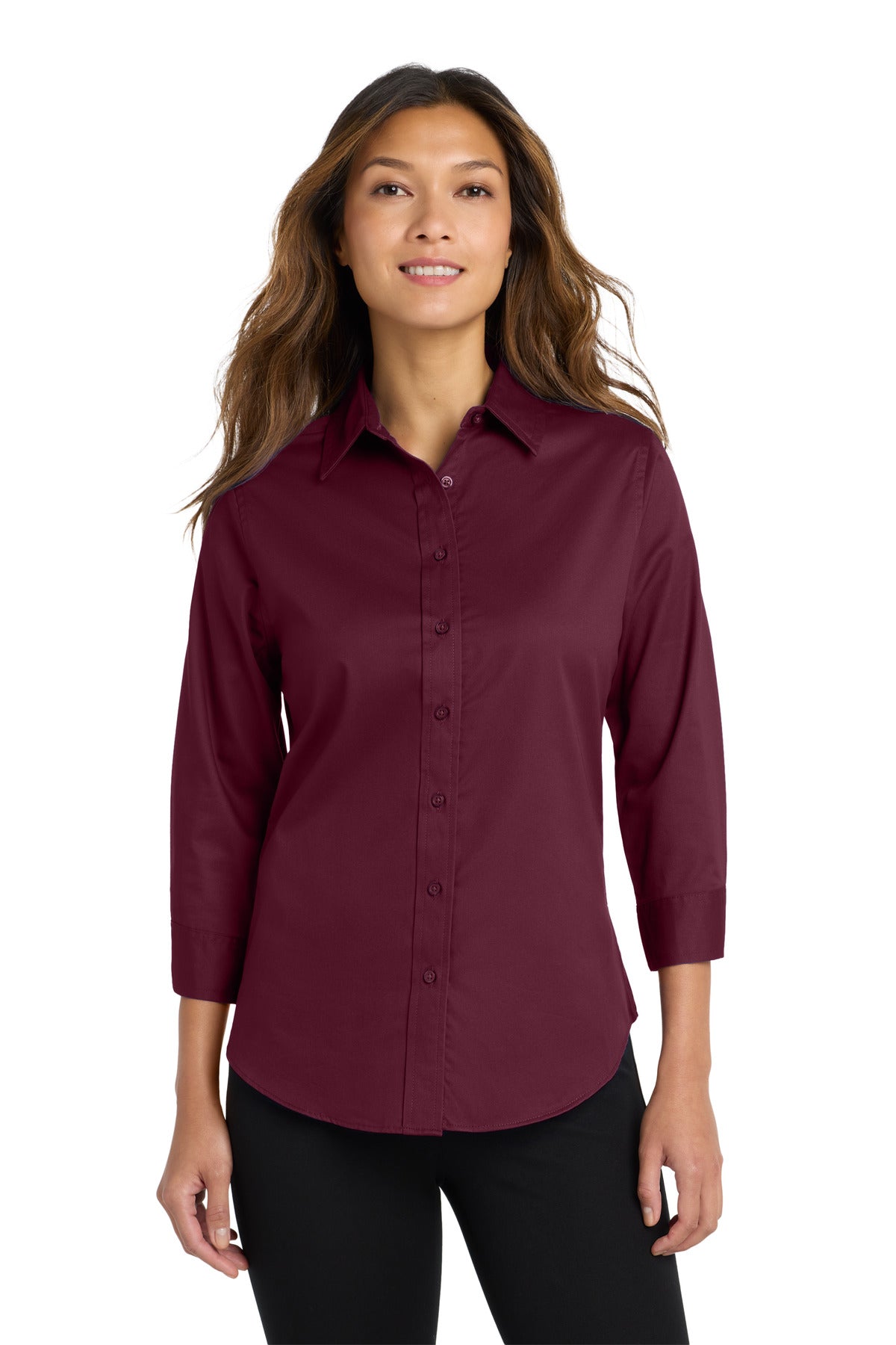 Front View of Burgundy Port Authority Women's 3/4-Sleeve Easy Care Shirt. L612