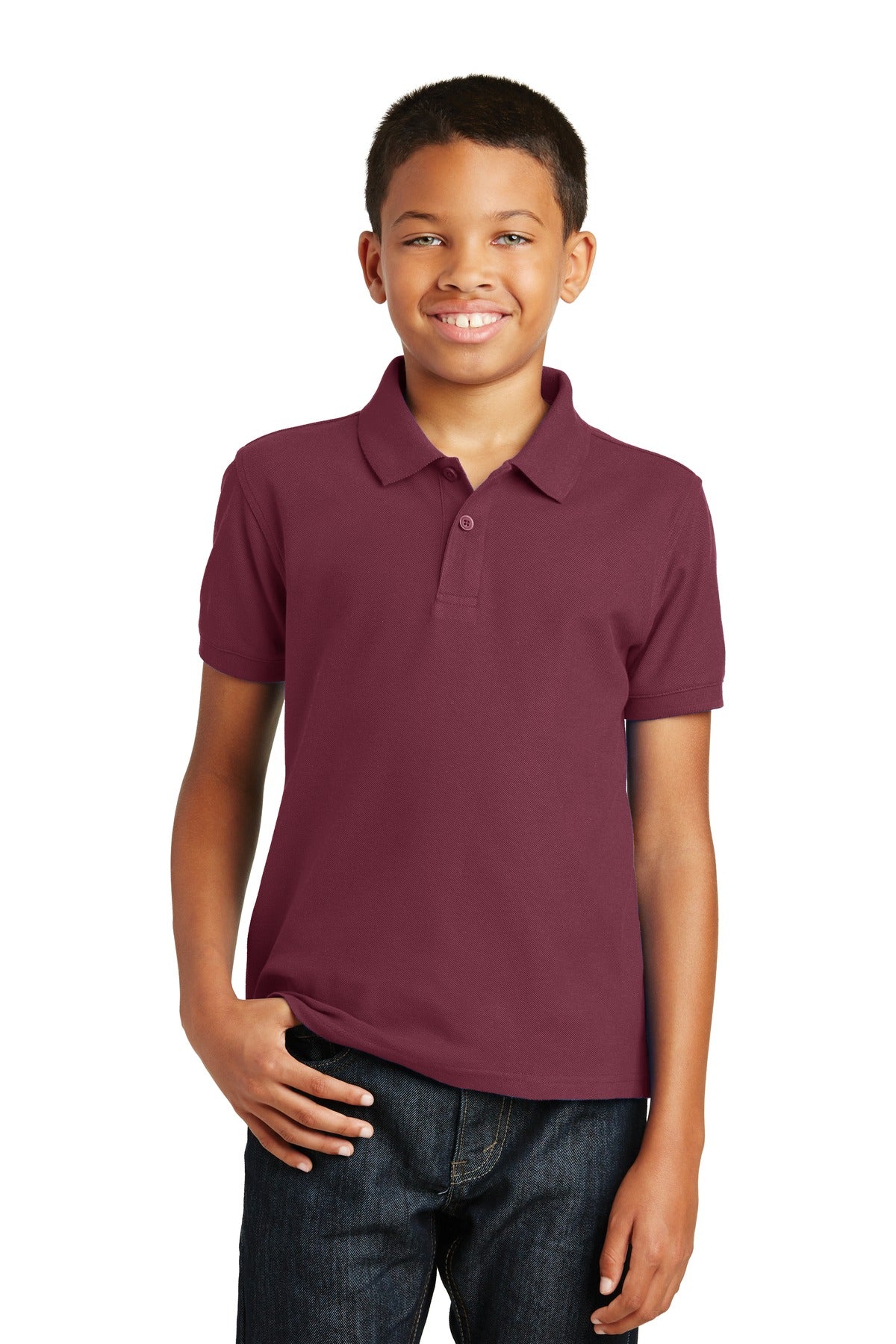 Front View of Burgundy Port Authority Youth Core Classic Pique Polo. Y100