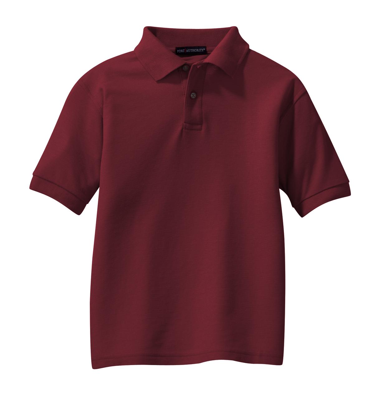 Front View of Burgundy Port Authority Youth Silk Touch Polo. Y500