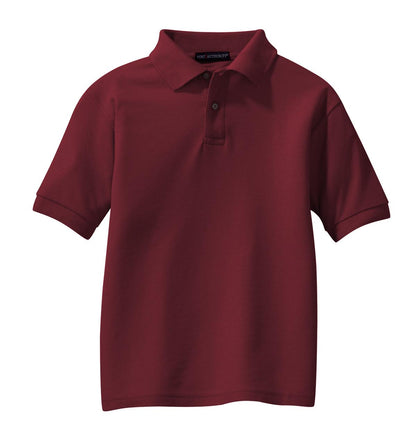 Front View of Burgundy Port Authority Youth Silk Touch Polo. Y500