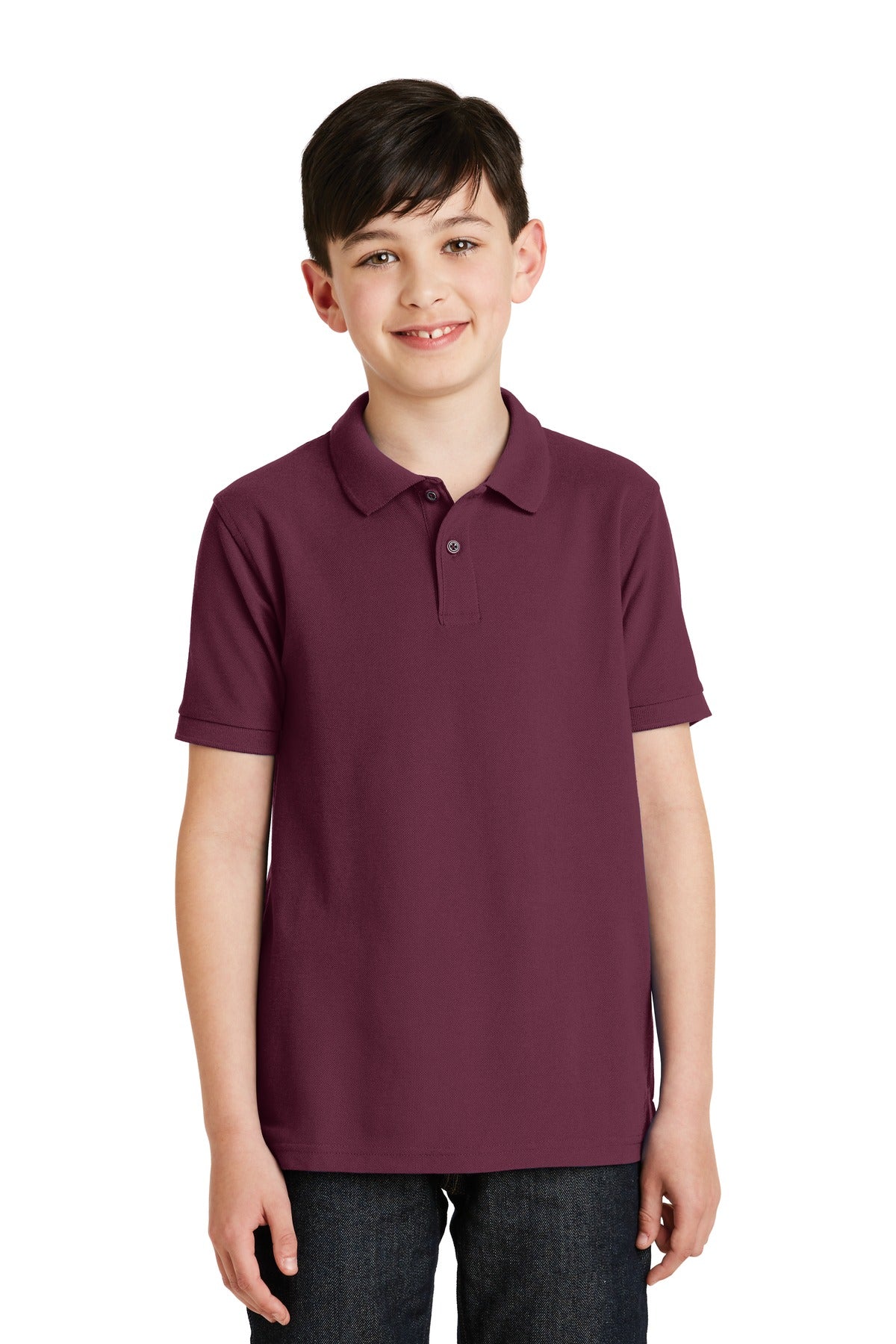 Front View of Burgundy Port Authority Youth Silk Touch Polo. Y500