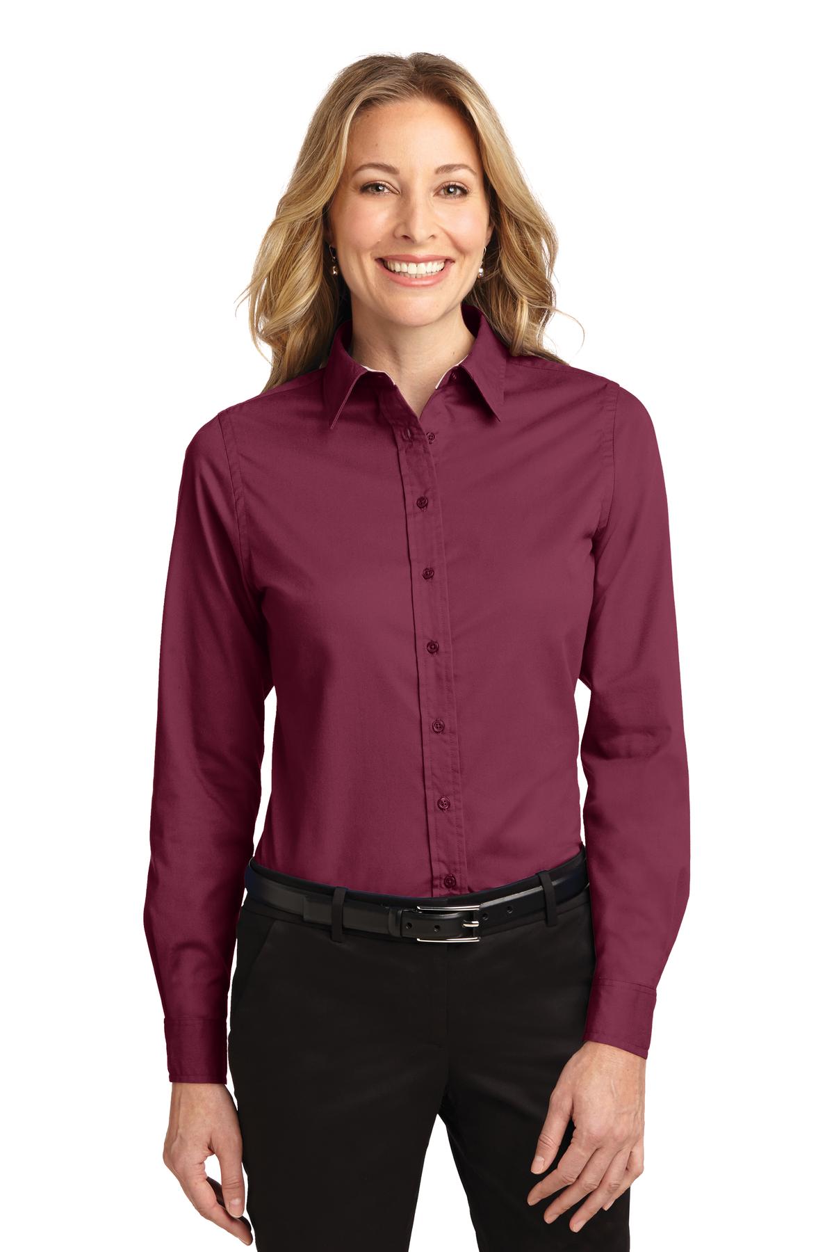 Front View of Burgundy/Lt St Port Authority Women's Long Sleeve Easy Care Shirt. L608