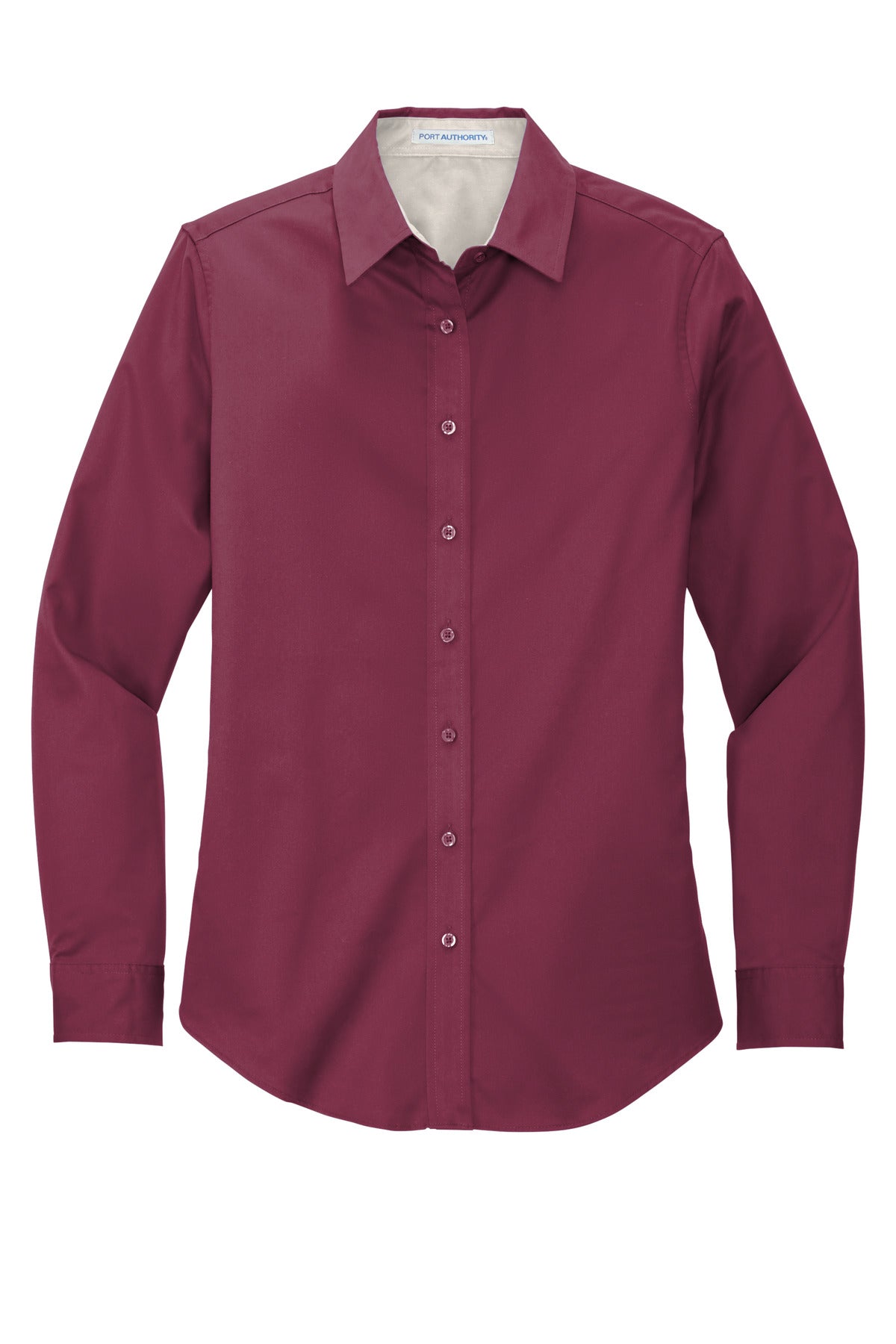 Front View of Burgundy/Lt St Port Authority Women's Long Sleeve Easy Care Shirt. L608