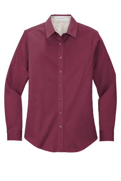 Front View of Burgundy/Lt St Port Authority Women's Long Sleeve Easy Care Shirt. L608
