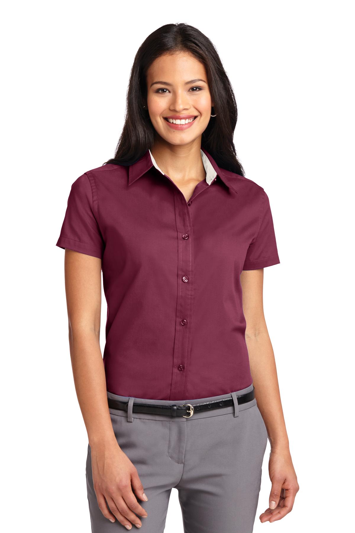 Front View of Burgundy/Lt St Port Authority Women's Short Sleeve Easy Care Shirt. L508