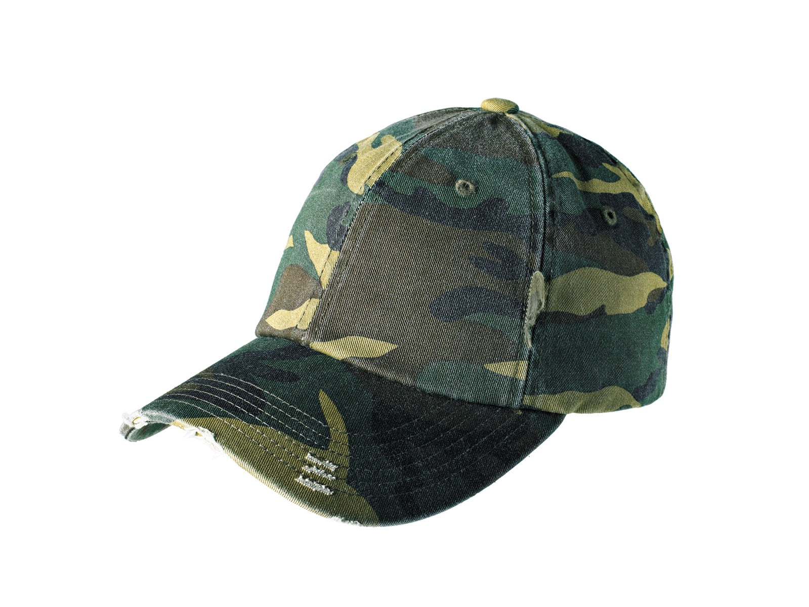 Front View of Camo District Distressed Cap. DT600